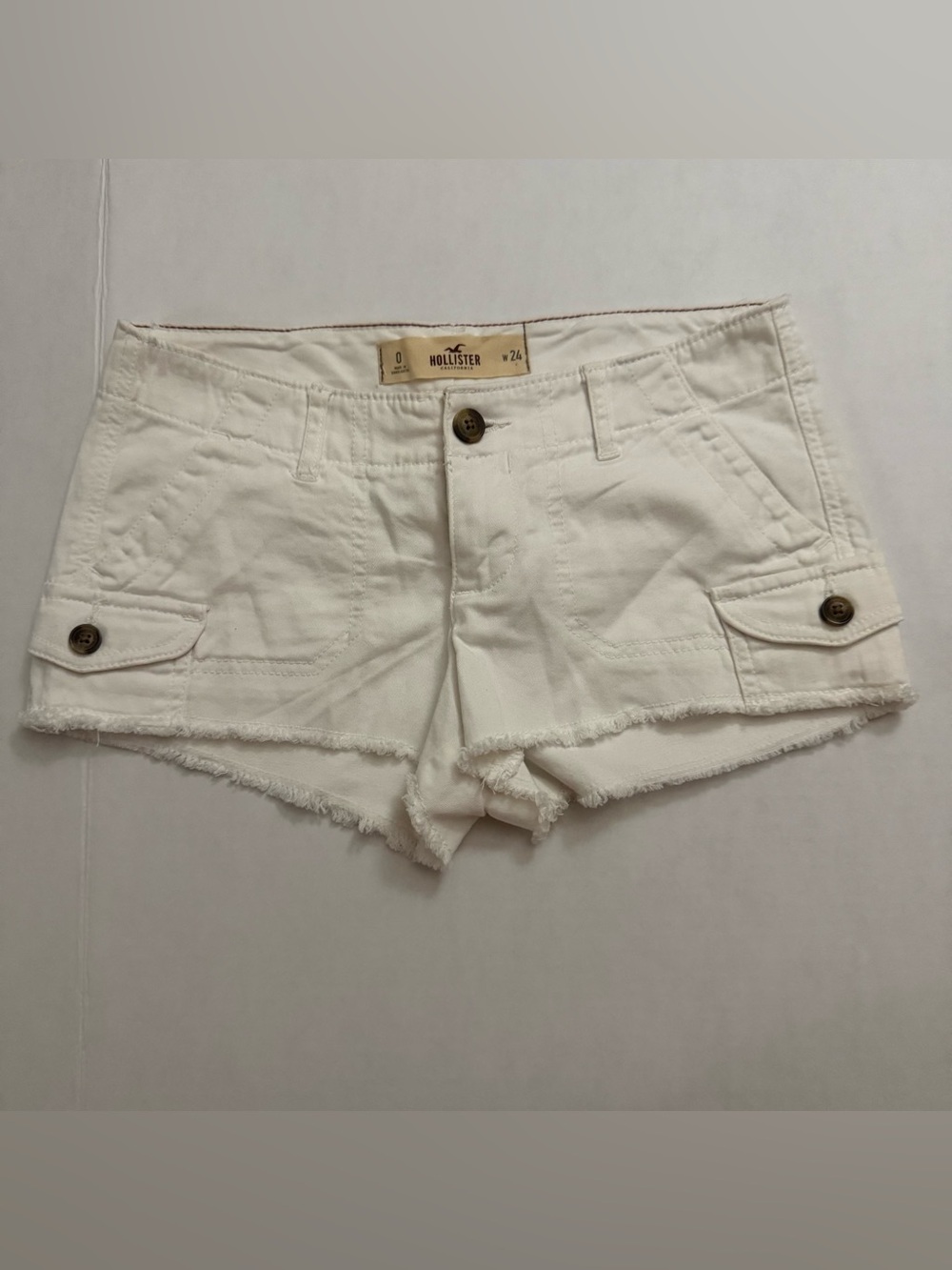 Hollister Women's white to offwhite Frayed Cargo Denim Shorts